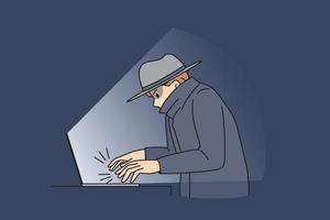 conceito de crime e fraude online. jovem ladrão de fraude sentado no laptop cometendo crime de internet de computador fazendo ataque hacking ilustração vetorial vetor