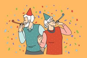 casal de idosos comemorando o conceito de férias. sorrindo alegre casal maduro mulher e homem em roupas festivas e acessórios em pé e festa comemorando ilustração vetorial de feriado de aniversário vetor
