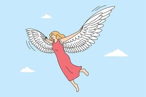 imaginação de liberdade e conceito de voo. mulher loira sorridente com os pés descalços voando levitando no ar em vestido com asas de anjo ou pássaro nas costas se sentindo livre no céu ilustração vetorial vetor