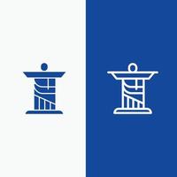 linha de marco de monumento de jesus cristo e glifo ícone sólido bandeira azul vetor