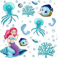 conjunto de animais marinhos e personagens de desenhos animados de sereia vetor