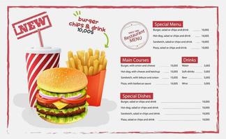 hambúrguer, batatas fritas, bebida design menu fast food vetor