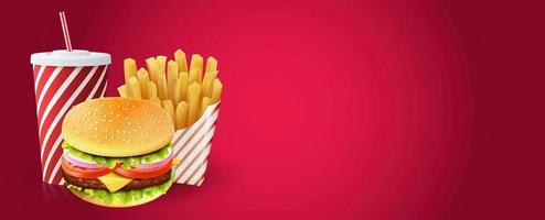 hambúrguer, batata frita e bebida no banner gradiente vermelho vetor
