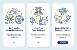 primeira mentalidade das pessoas na tela do aplicativo móvel. passo a passo de marketing digital 3 etapas páginas de instruções gráficas com conceitos lineares. ui, ux, modelo de gui. vetor