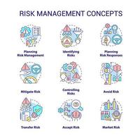 conjunto de ícones de conceito de gerenciamento de risco. identificando e mitigando os riscos ideia de ilustrações coloridas de linha fina. falha de mercado. símbolos isolados. traço editável. vetor