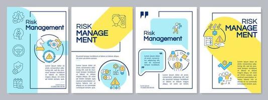 modelo de folheto azul e amarelo de gerenciamento de risco. segurança corporativa. design de folheto com ícones lineares. 4 layouts vetoriais para apresentação, relatórios anuais. vetor