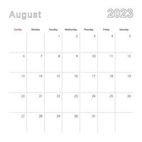 calendário de parede simples para agosto de 2023 com linhas pontilhadas. o calendário é em inglês, a semana começa a partir de domingo. vetor