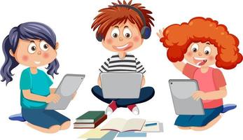 crianças usando personagem de desenho animado de laptop vetor