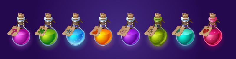 garrafas de vidro de poção com elixir mágico e tags vetor