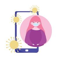 distanciamento social, mulher smartphone com máscara protetora, covid 19 coronavírus vetor