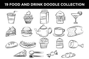 coleção desenhada de mão de doodle de comida e bebida vetor