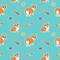 padrão de corgi sem costura. animal de estimação em casa dos desenhos animados, conjunto de filhotes fofos para impressão, cartazes e cartão postal. fundo animal vector corgi. engraçado cachorrinho sem costura padrão sobre fundo azul.