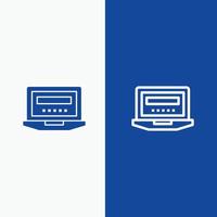 linha de educação de hardware de computador portátil e glifo ícone sólido bandeira azul vetor