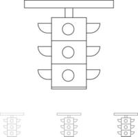 conjunto de ícones de linha preta em negrito e fino de trem de tráfego de estação de sinal de luz vetor