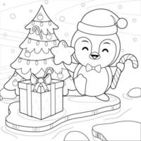 livro de colorir para crianças. feliz pinguim fofo comemorando o natal e ano novo no iceberg vetor