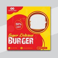 design de modelo de banner de mídia social delicioso hambúrguer e menu de comida vetor