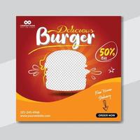 design de modelo de banner de mídia social delicioso hambúrguer e menu de comida vetor