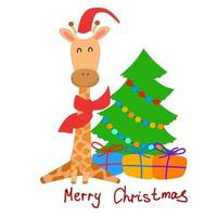 cartão de natal girafa estilo cartoon com uma árvore de natal e presentes. vetor