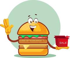 hambúrguer está segurando uma caixa de venda, ilustração, vetor em fundo branco.