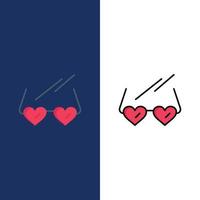 óculos amam ícones de casamento de coração plano e conjunto de ícones cheios de linha vector fundo azul