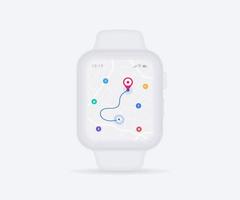 aplicativo de navegação gps de mapa de smartwatch ux conceito de interface do usuário, aplicativo de mapa de relógio, relógio de pulso de mapa de pesquisa de aplicativo, mapa de tecnologia, pulso de navegação da cidade, rua da cidade, rastreamento por gps, rastreador de localização, ilustração vetorial vetor