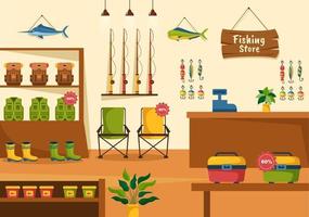 loja de pesca que vende vários equipamentos de pesca, isca, acessórios de captura de peixe ou itens na ilustração de modelos desenhados à mão de desenhos animados planos vetor
