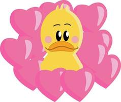 um pato amarelo em corações rosa, ilustração vetorial ou colorida. vetor