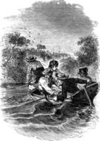 meninos impulsionando um barco, ilustração vintage. vetor