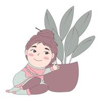 menina de desenho animado bonito em um suéter hygge feio e volumoso com um coque na cabeça vai abraçar um vaso de planta de casa vetor