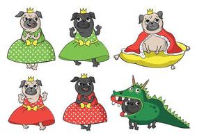 lindos pugs de conto de fadas. vetor