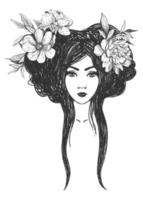 mulher com flores. arte da tatuagem, livros para colorir. vetor