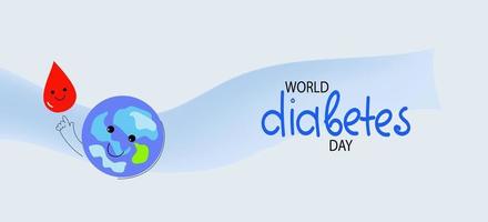 modelo de banner horizontal de mídia social para o dia mundial do diabetes. personagem de planeta engraçado com gota de sangue, glicosímetro digital. bandeira de doodle de desenho vetorial plana. vetor