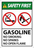 segurança em primeiro lugar gasolina não fumar faíscas ou sinal de chamas abertas vetor
