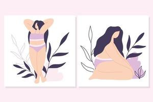 conjunto de cartazes bodypositive com uma garota. coleção de cartões postais com uma garota de lingerie. estilo plano. ilustração vetorial. vetor