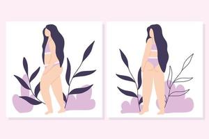 conjunto de cartazes bodypositive com uma garota. coleção de cartões postais com uma garota de lingerie. estilo plano. ilustração vetorial. vetor