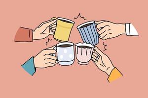 close-up de diversos aplausos de amigos com canecas bebem café juntos de manhã. as pessoas se agarram a xícaras desfrutam da cerimônia do chá, relaxam comendo bebidas. celebração não alcoólica. ilustração vetorial. vetor