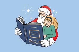 amando o papai noel leu o livro com a menina feliz comemora o ano novo. carinhoso pai natal com criança desfrutar de conto de fadas nas férias de inverno. conceito de celebração. ilustração vetorial plana. vetor