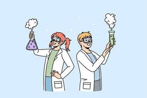 crianças felizes em uniforme médico fazem experimentos científicos na aula de química na escola. crianças sorridentes se divertem experimentando no sonho de laboratório para serem cientistas. conceito de educação. ilustração vetorial. vetor