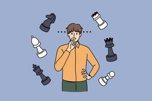 pensando no conceito de estratégia e xadrez. personagem de desenho animado jovem em pé pensando com xadrez figurando voando ao redor ilustração vetorial vetor