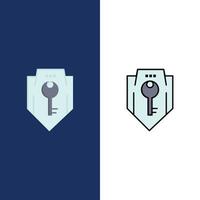 ícones de escudo de segurança de proteção de chave de acesso plano e conjunto de ícones cheios de linha vector fundo azul