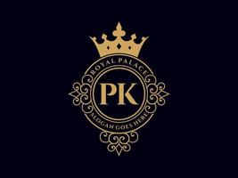 letra pk antigo logotipo vitoriano de luxo real com moldura ornamental. vetor