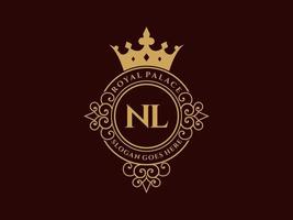 letra nl antigo logotipo vitoriano de luxo real com moldura ornamental. vetor
