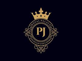 carta pj antigo logotipo vitoriano de luxo real com moldura ornamental. vetor