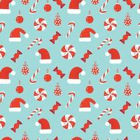 chapéus de Natal e padrão sem emenda de doces. chapéu de Papai Noel e padrão de pirulito em fundo azul vetor