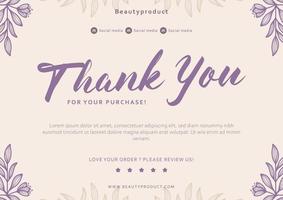 cartão de agradecimento roxo de beleza com decoração de borda de moldura floral flor para loja de negócios cartão de agradecimento vetor