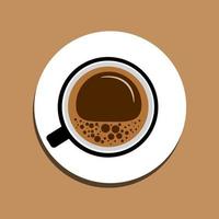 vetor xícara de café com espuma em um pires branco em uma vista superior de fundo marrom. ilustração de estilo simples de design minimalista