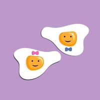 ícone de rosto de emoticon de ovos fritos fofos engraçados como um menino e uma menina com uma gravata borboleta e arco isolado no fundo roxo. ilustração vetorial de recorte de papel vetor