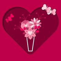 o buquê de flores diferentes com borboletas no grande coração. flores cor de rosa no vaso, projetadas em estilo de dobradura de papel em um fundo bordô. ilustração vetorial de corte de papel vetor