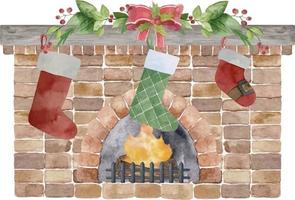 ilustração em aquarela da lareira clássica de tijolo vermelho com meias, decoração, árvore de natal, vela, presentes de bolas, grinalda. feliz ano novo decoração. feliz feriado de natal. vetor