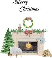 ilustração em aquarela da lareira moderna com meias, decoração, árvore de natal, vela, presentes de bolas, grinalda. feliz ano novo decoração. feliz feriado de natal. vetor